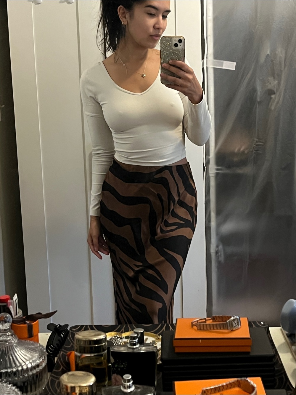 100% Silk Banana Republic Brown & Black Zebra-Print Midi Skirt